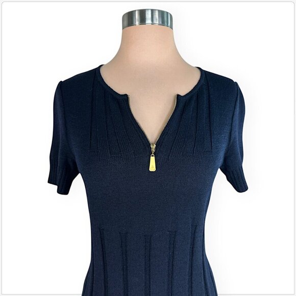 St. John Sport Navy Blue Ribbed Knit Short Sleeve Zipper Neckline Dress P Petite - Picture 2 of 4